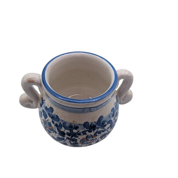 Hand-Painted Italian Pottery Sugar Bowl With Dual Handles & Blue Floral Design - Picture 8 of 9
